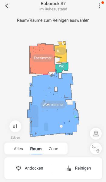 Wird Raum gewählt, kann dem Roboter genau vorgegeben werden, welche Zimmer er reinigen soll.