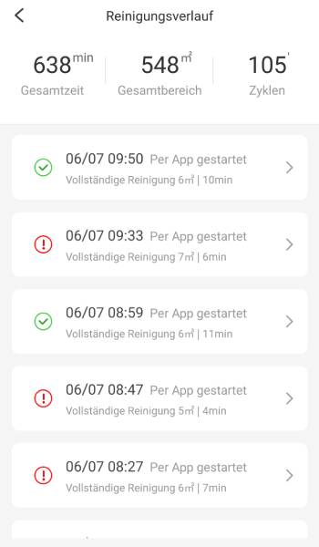 Alle bisher absolvierten Reinigungen können im Verlauf eingesehen werden.