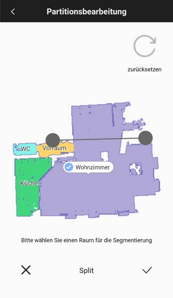 Die Raumeinteilung kann beliebig bearbeitet werden. Hier trennen wir gerade das Wohnzimmer ab.