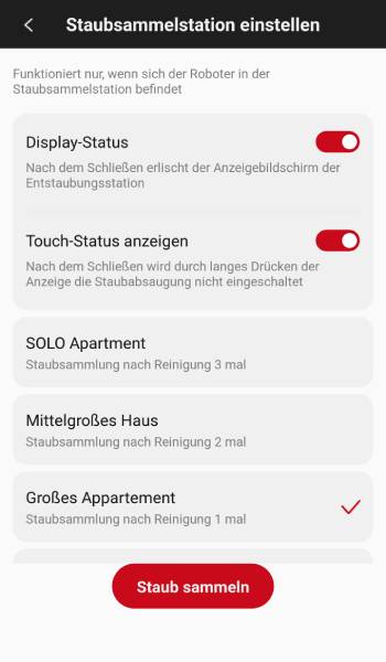 Auch für die Staubsammelstation gibt es eigene Einstellungen. Um das Entleerungsintervall zu bestimmen, sollte unter anderem angegeben werden, wie groß die Wohnfläche ist.