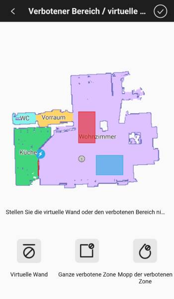 Hier wurden eine virtuelle Wand, eine Sperrzone und eine wischfreie Zone platziert.