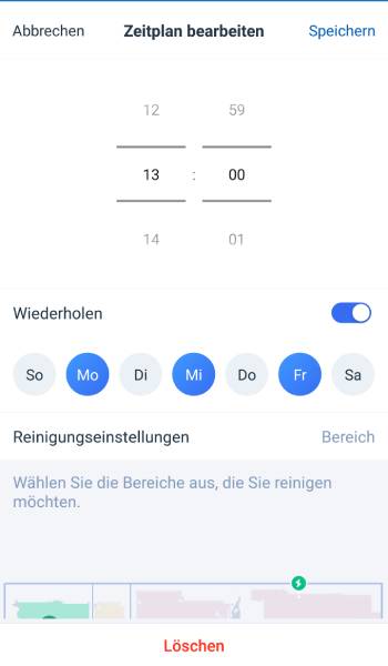 Bei jedem Reinigungsplan können Zeit, Wiederholungen und zu reinigende Räume genau eingestellt werden. Der Roboter nimmt die vorgegebene Arbeit dann selbstständig auf.