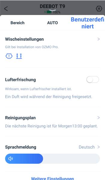 Hier geht es neben den Wischeinstellungen auch zu der Reinigungsplanung. Außerdem kann der Lufterfrischer hier aktiviert oder deaktiviert werden.