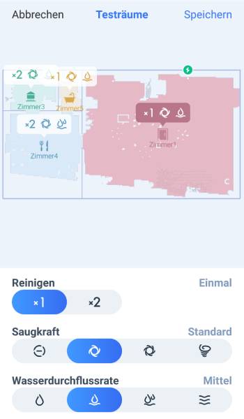 Es ist aber auch möglich, für jeden Raum individuelle, an den Boden und das Schmutzaufkommen angepasste Einstellungen zu treffen und diese abzuspeichern. Der Roboter hält sich dann automatisch daran.