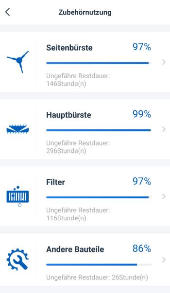 Die App zeigt an, wann eine Wartung oder der Tausch eines Zubehörteils notwendig ist.