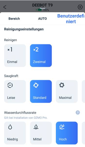Die Reinigungseinstellungen wie Durchgänge, Saugkraft und Wasserdurchflussrate können dem Roboter für die gesamte Reinigung für alle Räume identisch vorgegeben werden.