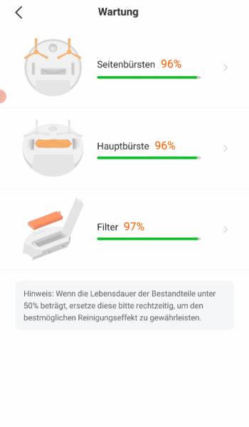 In der App ist ersichtlich, wie lange Seitenbürsten, Hauptbürste und Filter noch genutzt werden können, bis ein Tausch erforderlich ist.