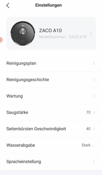 In den Einstellungen können zum Beispiel Saugstärke und Wasserabgabe bestimmt werden.