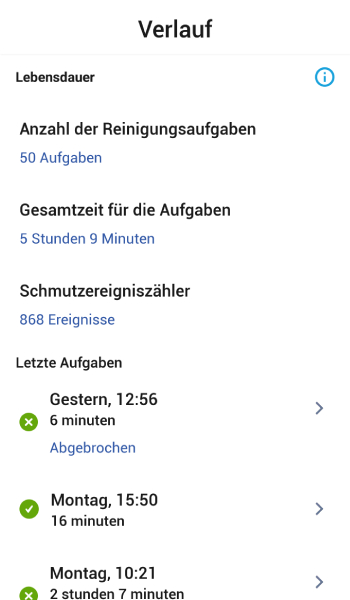 Im Verlauf werden alle durchgeführten Reinigungsaufgaben aufgelistet.