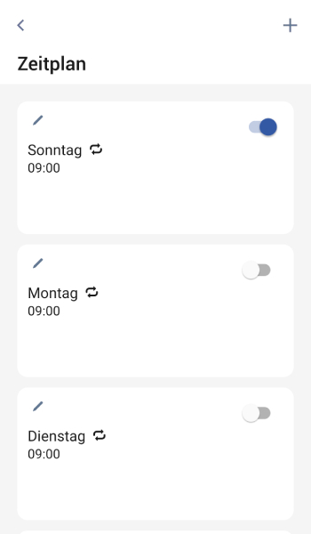 Im Menü Zeitplan lässt sich für jeden Wochentag eine Startzeit einstellen.