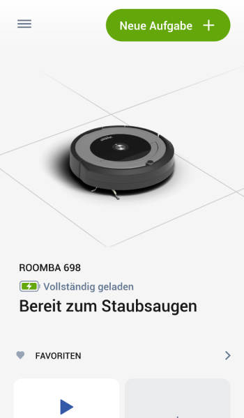 In der App können Sie den Roomba starten und seinen Akkustand einsehen.