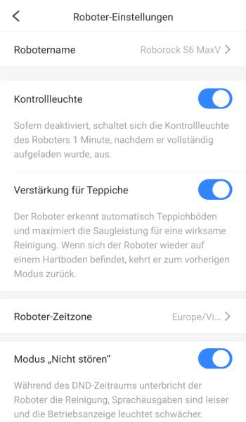 Die Verstärkung der Saugleistung auf Teppichen ist in den Robotereinstellungen  standardmäßig aktiviert.