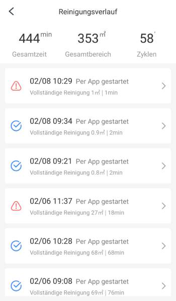 Auch der Reinigungsverlauf kann eingesehen werden.