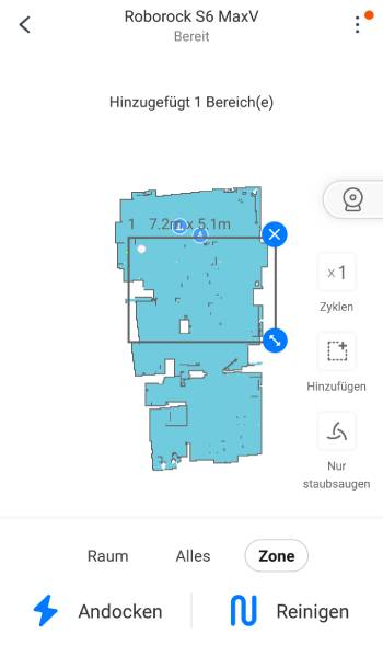 Mit der Auswahl Zone kann ein individueller Reinigungsbereich aufgezogen werden.