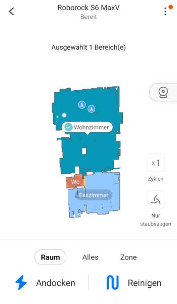 Mit der Einstellung Raum kann ausgewählt werden, welche Räume der Roboter reinigen soll.