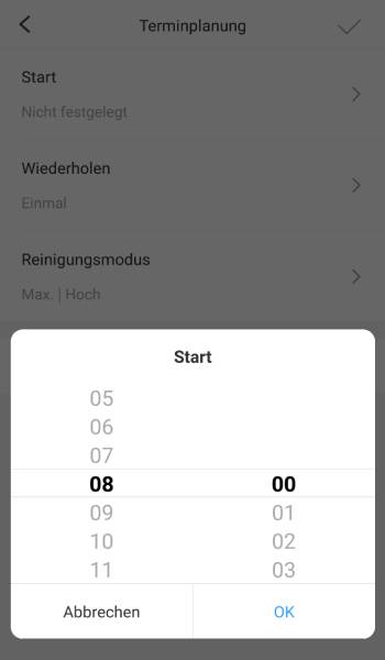 Startzeit, Wiederholung, Reinigungsmodus, Räume: Zeitpläne lassen sich individuell gestalten.