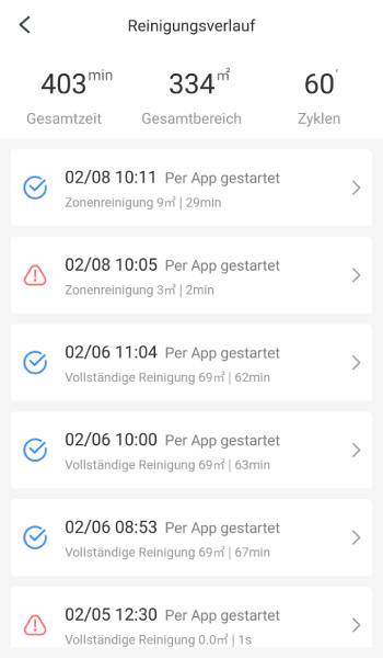 Auch der Reinigungsverlauf kann eingesehen werden.