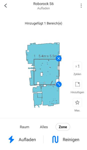 Unter Zone kann ein individueller Reinigungsbereich aufgezogen werden.