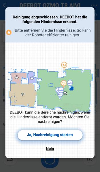 Wenn Hindernisse erkannt wurden, zeichnet der Deebot sie ein, fordert zur Entfernung auf und möchte eine Nachreinigung starten.