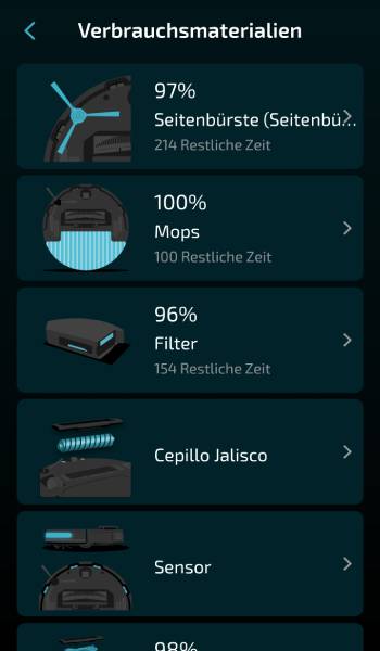 Die App zeigt an, wie lange die einzelnen Teile genutzt werden können, bis ein Tausch oder eine Säuberung erforderlich ist.
