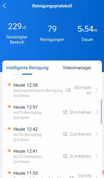 Auch der Reinigungsverlauf ist einsehbar.