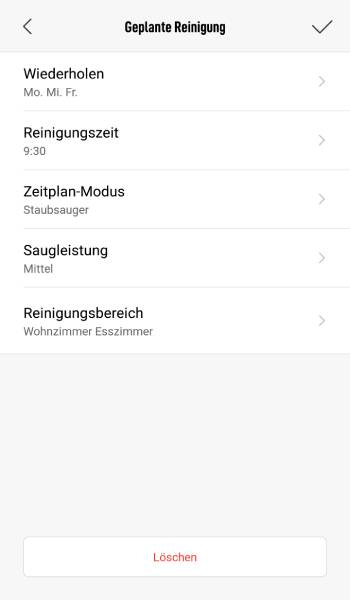 Bei der Zeitplanung können Reinigungszeit, Wiederholungen, Reinigungsmodus und Reinigungsbereich vorgegeben werden.