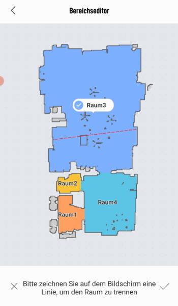 Die Raumeinteilung in der Karte kann frei abgeändert werden. Beispielsweise können große Räume in einzelne Bereiche geteilt werden.