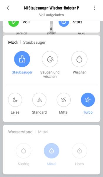 Das Menü einmal kurz hochgezogen und schon kann zwischen den verschiedenen Reinigungsmodi hin und her geswitcht werden.