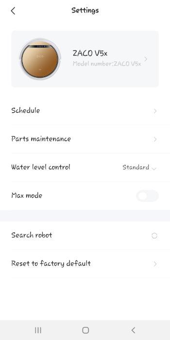 Unter den Einstellungen können Sie eine Startzeit programmieren, den Zustand des Filters und der Seitenbürsten kontrollieren, die Wasserzufuhr regulieren und den MAX Modus starten. Zusätzlich können Sie den Roboter Piepsen lassen wenn er sich verfahren hat und Sie ihn nicht mehr finden.