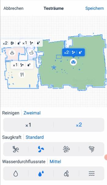 Die Reinigungseinstellungen können für jeden Raum individuell bestimmt und abgespeichert werden.