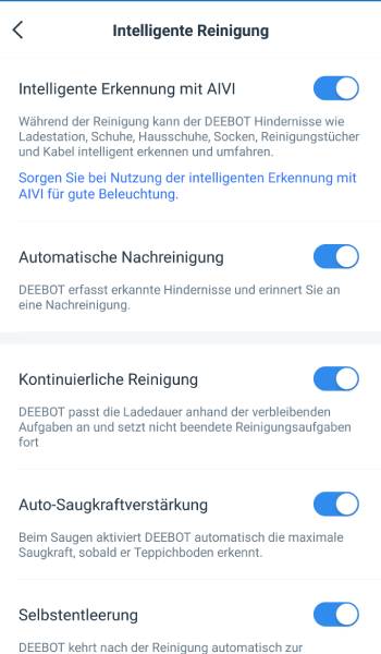 Ein Blick in das Menü intelligente Reinigung.