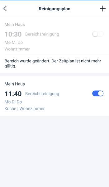 Bei jedem Reinigungsplan kann angegeben werden, wann der Roboter welche Räume oder Bereiche auf welche Art und Weise reinigen soll. Dabei können auch wiederkehrende Wiederholungen an bestimmten Tagen gespeichert werden.