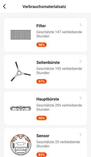 In der App wird auch der Verschleiß beziehungsweise der Verschmutzungsgrad der einzelnen Teile angezeigt.