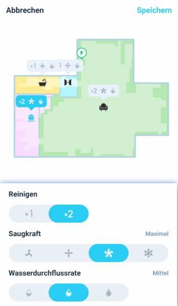 Die Anzahl der Reinigungsdurchgänge sowie die Saugkraft und die Wasserdurchflussrate können sogar individuell an jeden Raum angepasst und abgespeichert werden.