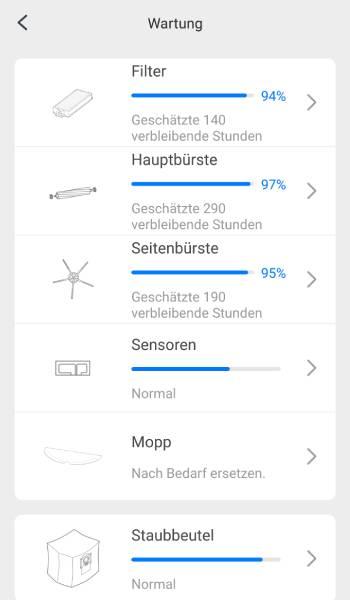 Es ist ersichtlich, wie lange einzelne Teile noch genutzt werden können, bis eine Reinigung oder ein Tausch erforderlich ist.