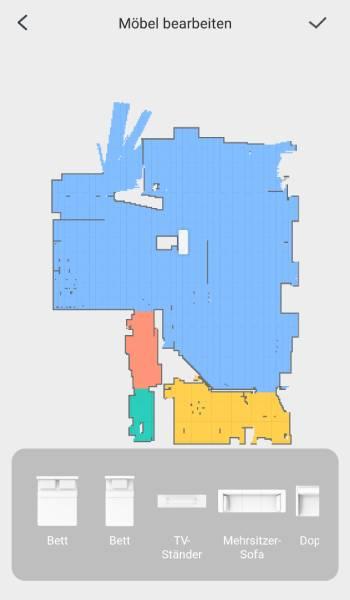 In der Karte können auch die eigenen Möbelstücke platziert werden. Der Roboter kann dann gezielt und rundherum reinigen.