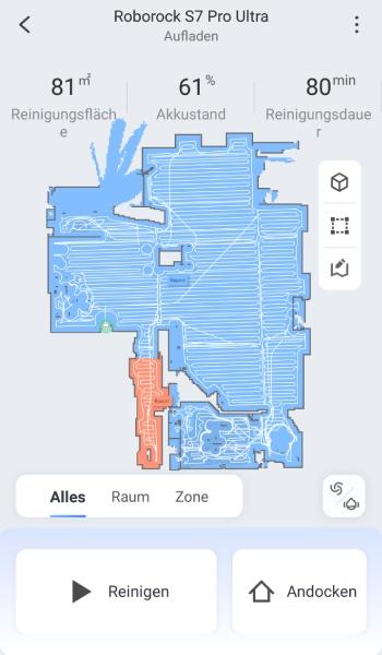 So sieht die Übersicht in der App aus. In der Karte wird der zurückgelegte Reinigungsweg des Roboters markiert.