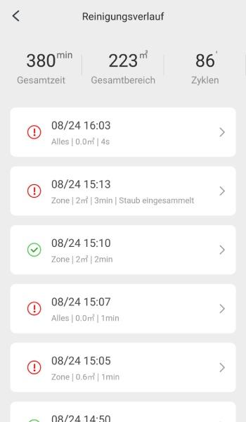 Auch der Reinigungsverlauf kann eingesehen werden.