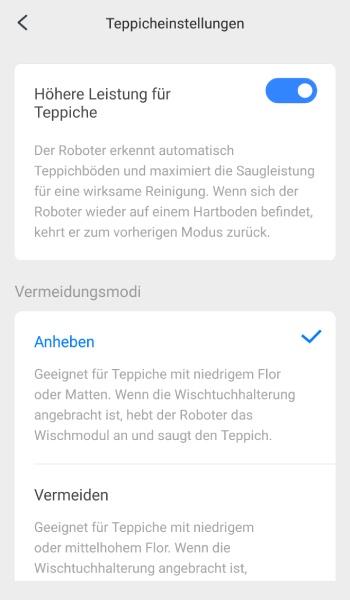 Anheben, vermeiden oder ignorieren: Beim Wischen kann der Roboter unterschiedlich auf Teppiche reagieren.