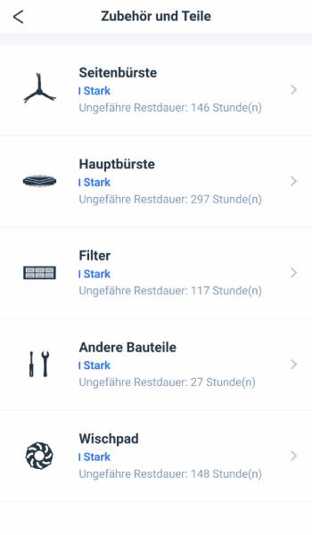 In der App ist genau ersichtlich, wie abgenutzt die einzelnen Zubehörteile bereits sind.