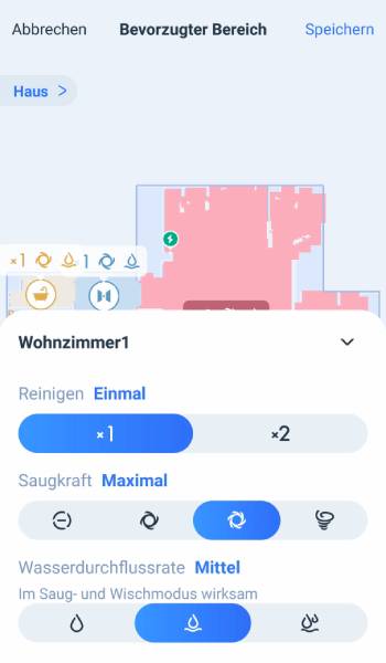 Die gewünschte Reinigungsintensität kann individuell für jeden Raum festelegt und abgespeichert werden.