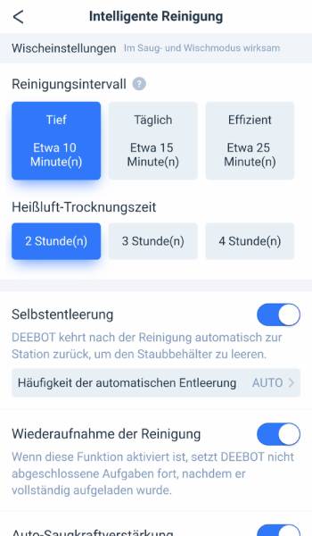 In den Einstellungen kann unter anderem vorgegeben werden, wie oft der Roboter seine Wischmopps reinigen soll.