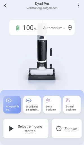 In der App hat man die Möglichkeit die Selbstreinigung sowie die Bürstentrocknung zu starten.