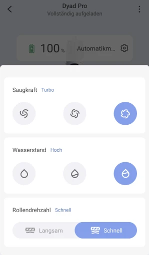 Außerdem kann man die Saugkraft, die Wasserdurchflussrate und die Rollendrehzahl anpassen.