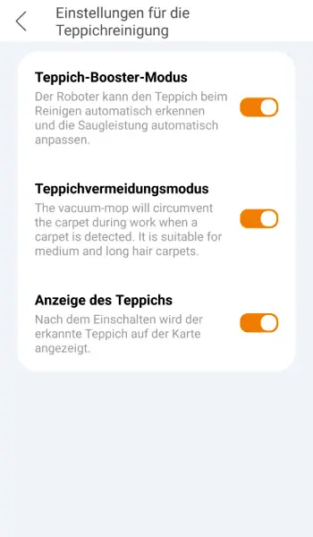 Für den Umfang mit Teppichen gibt es verschiedene Einstellungsmöglichkeiten.