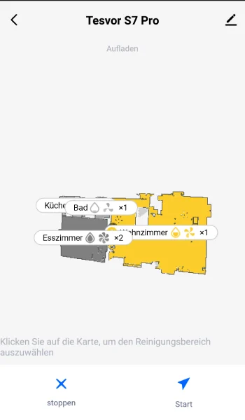 Es können einzelne Räume mit unterschiedlichen Reinigungseinstellungen ausgewählt werden.