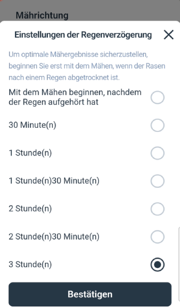 Es kann festgelegt werden, wie lange nach Regen mit dem Mähen gewartet werden soll.