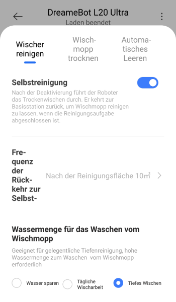 Nach wie vielen Quadratmetern der Roboter seine Wischmopps reinigt? Das kann in der App festgelegt werden.