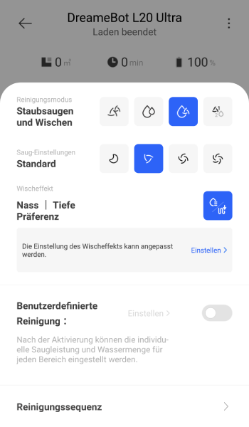 Beim Reinigen kann zwischen verschiedenen Intensitäten und Einstellungen gewählt werden.