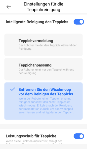 Per App wird definiert wie der Roboter mit Teppichen umgeht.